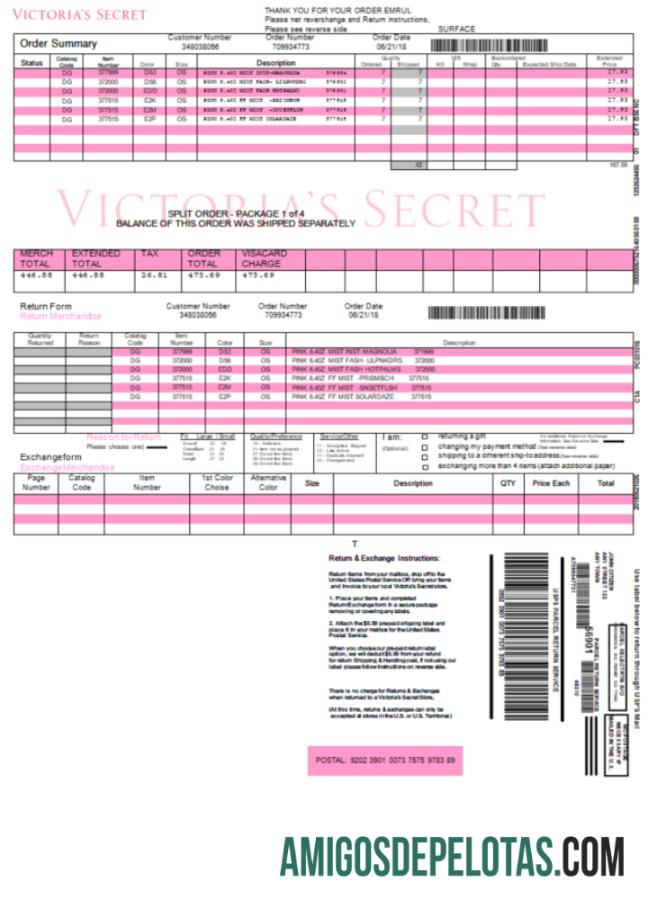 Fatura Victoria Secret dos EUA exemplo real